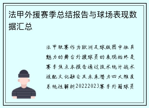 法甲外援赛季总结报告与球场表现数据汇总